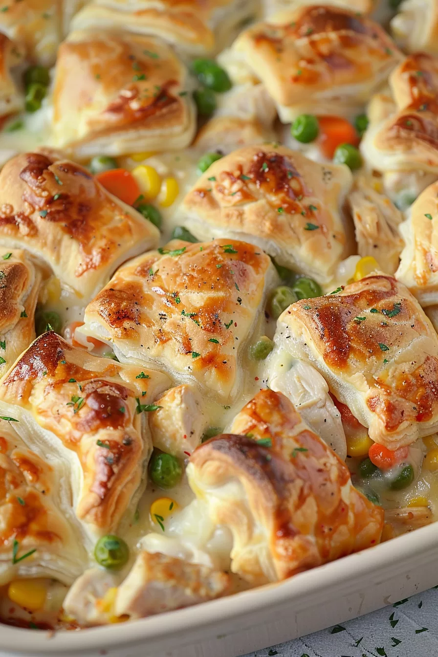 Close-up of buttery pastry topping with vibrant peas, carrots, and corn nestled in a rich creamy sauce.