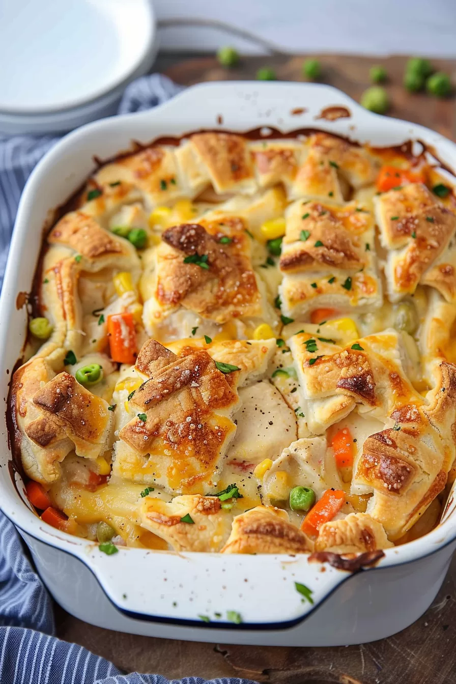 Golden-brown puffed pastry squares layered over a creamy vegetable and chicken filling, baked to perfection in a white casserole dish.