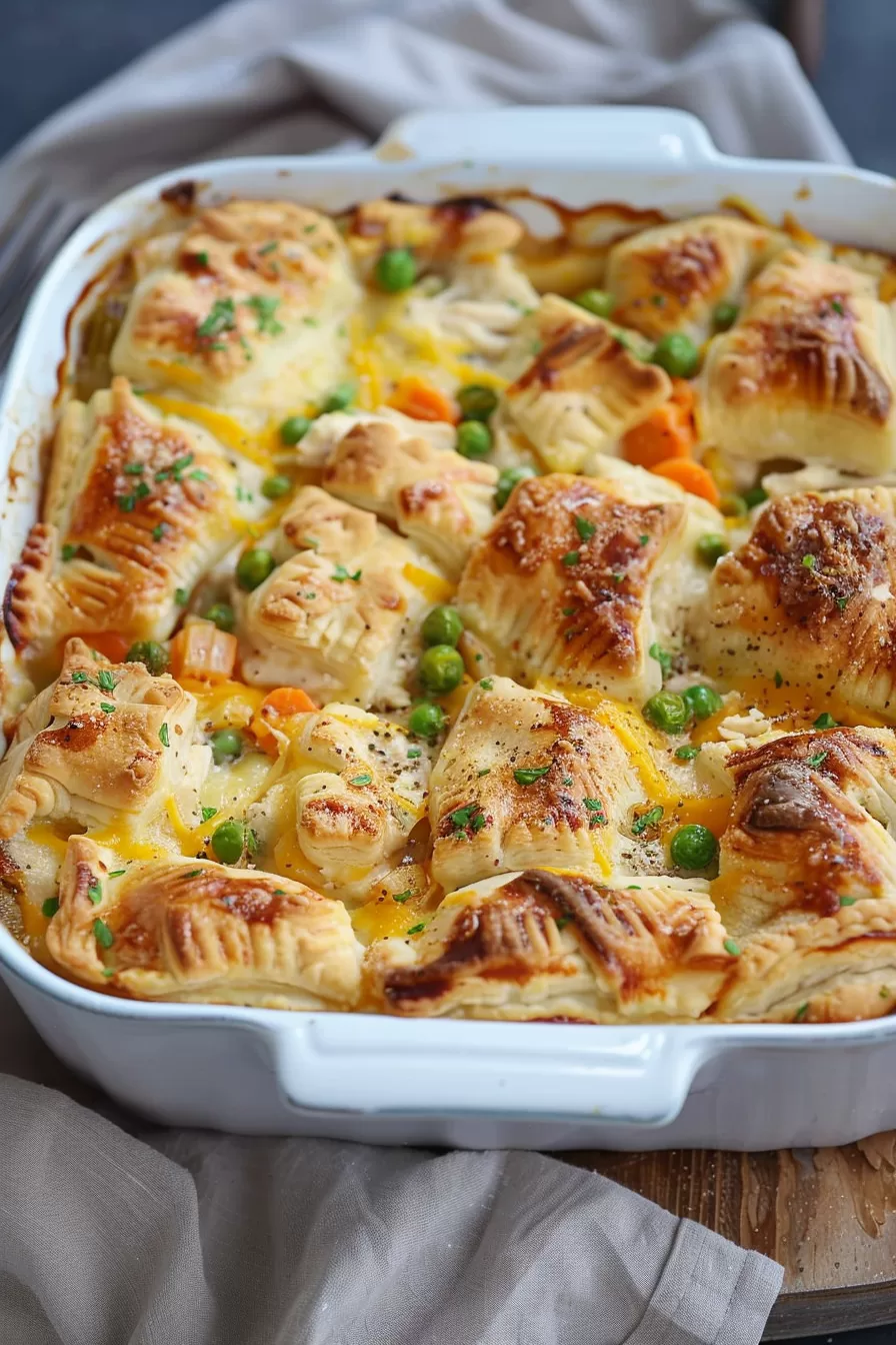 Baked casserole with puffed golden squares, vibrant vegetables, and a luscious creamy texture, ready to serve.