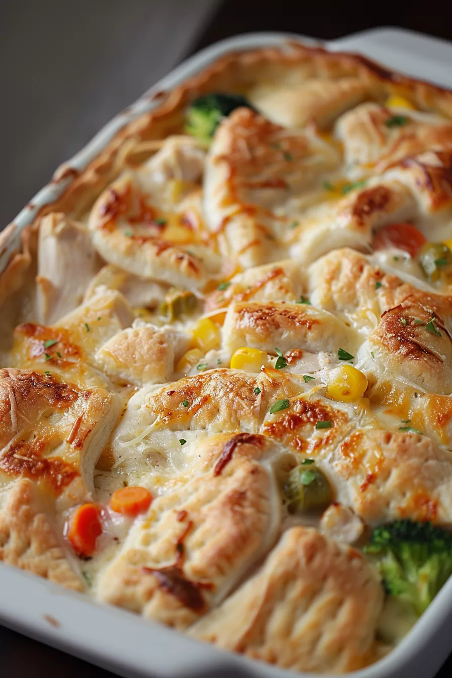 Overhead shot of a bubbling casserole showcasing crisp pastry pieces and a creamy vegetable and chicken base.