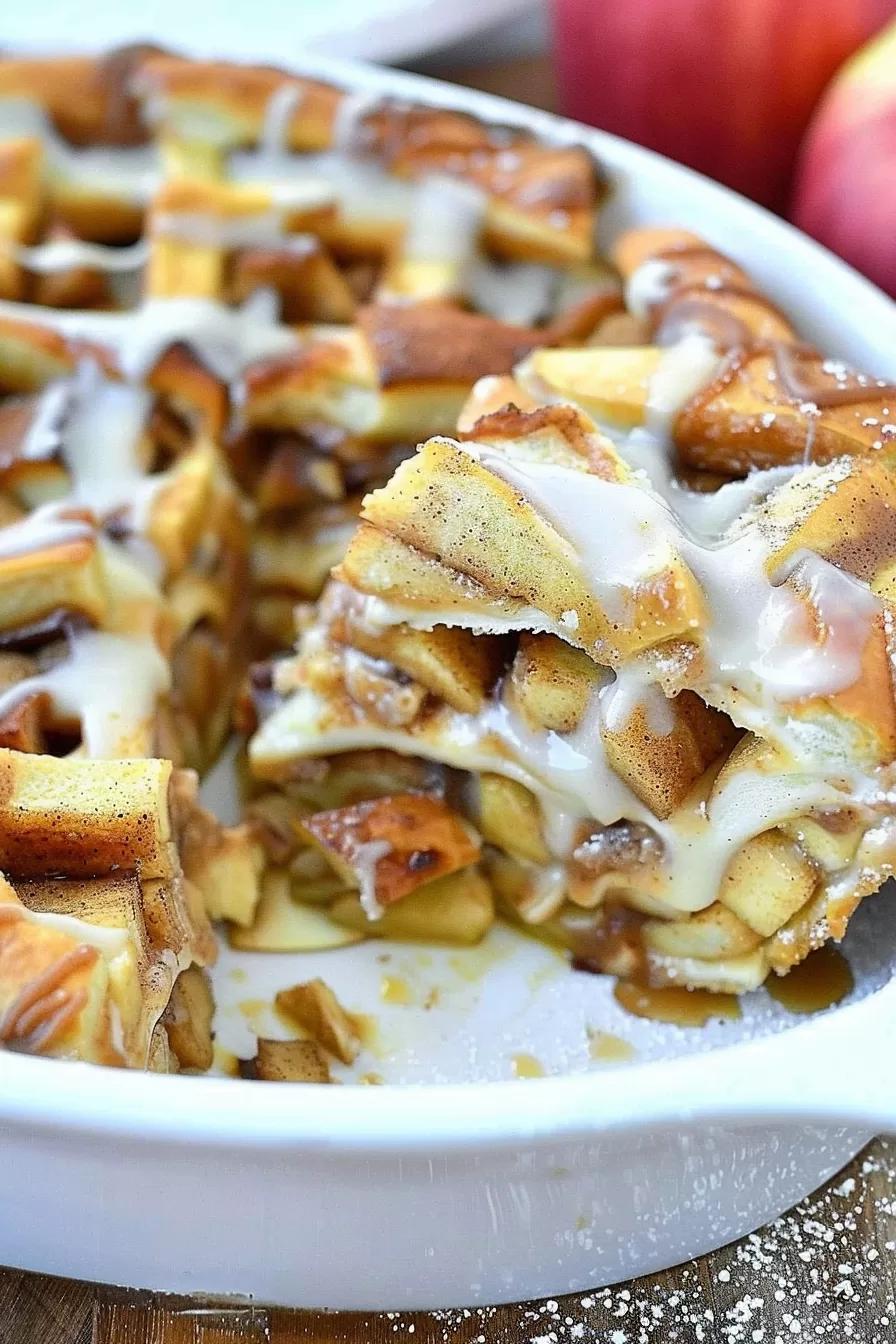 A casserole dish filled with caramel apple cinnamon roll lasagna, fresh out of the oven with golden brown edges.