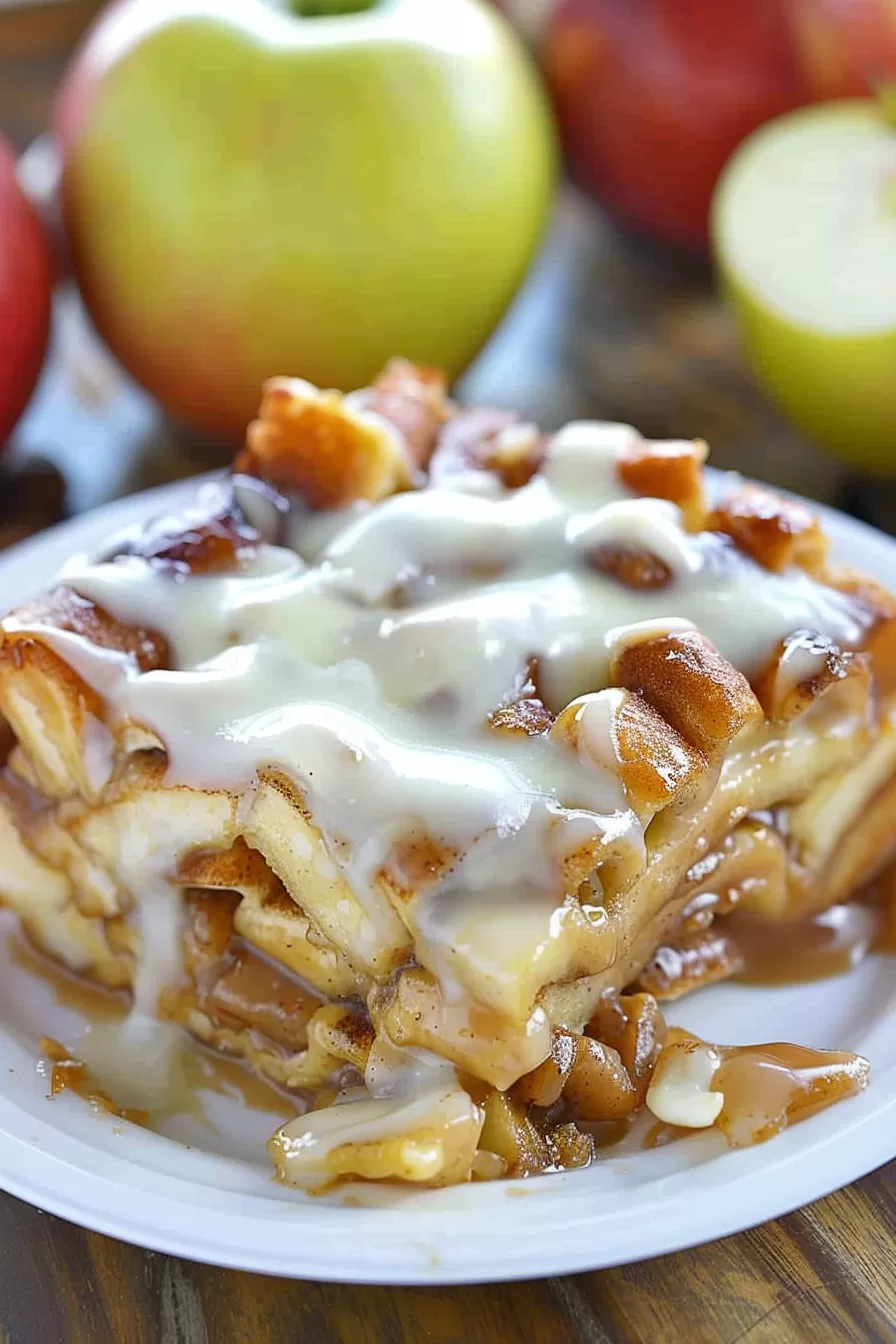 Close-up of a gooey dessert with caramel drizzle and icing, highlighting soft apple chunks and cinnamon rolls.