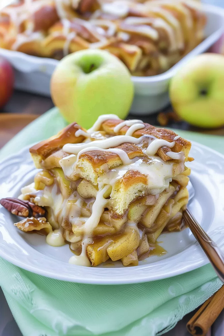 Side view of the dessert showcasing the layers of tender cinnamon rolls and baked apples, glistening with caramel sauce.