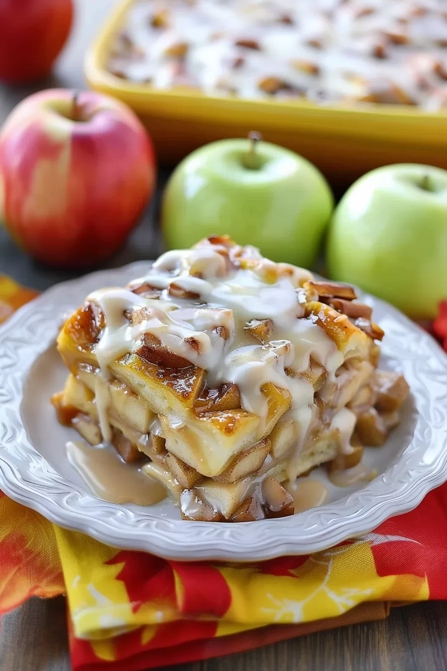 Individual serving of caramel apple cinnamon roll lasagna with melted icing, surrounded by whole apples in the background.