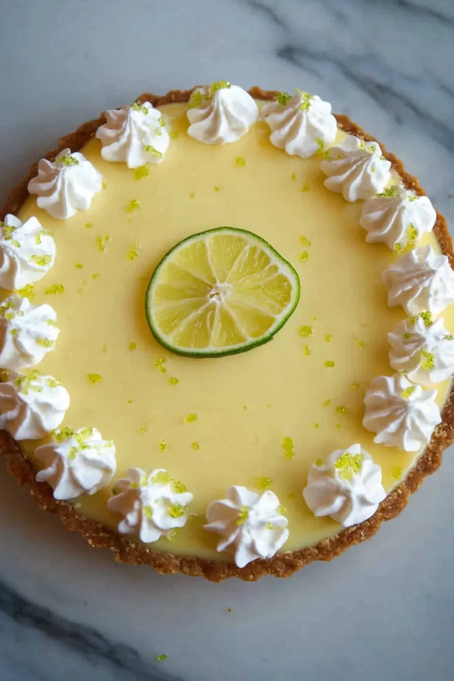 Whole key lime pie with whipped cream dollops and a lime slice centerpiece, displayed on a marble surface.