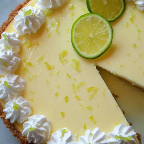 A partially sliced key lime pie revealing its rich and zesty filling, surrounded by whipped cream details.