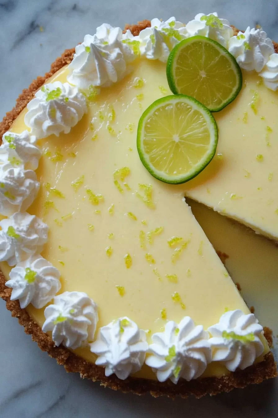 A partially sliced key lime pie revealing its rich and zesty filling, surrounded by whipped cream details.