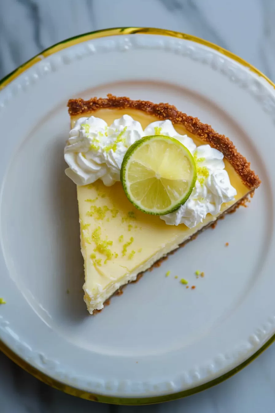 A slice of key lime pie garnished with whipped cream and a thin lime slice on a white plate.