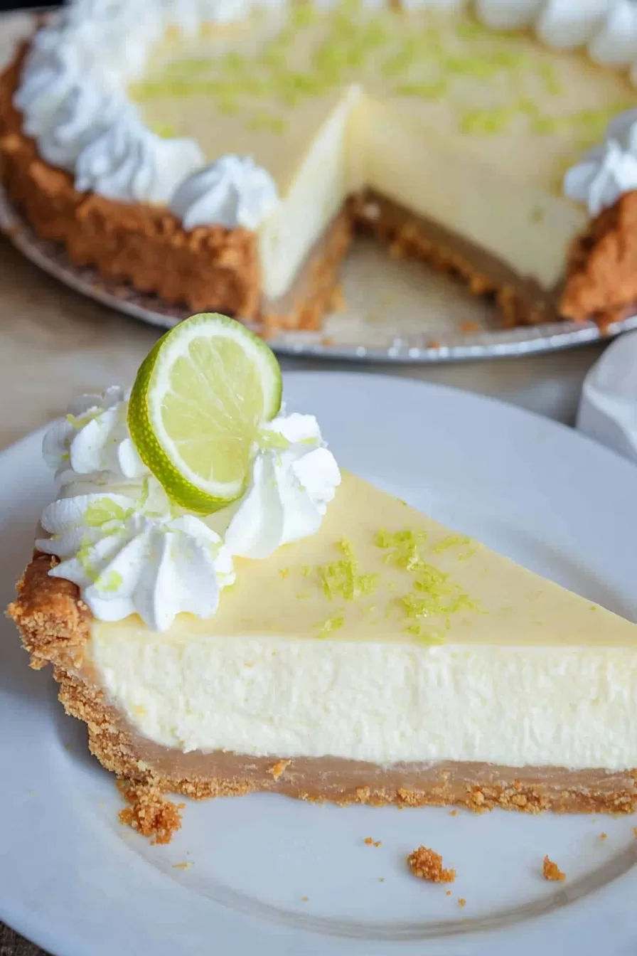 Side view of a slice of key lime pie showcasing its smooth, creamy filling and crunchy crust.