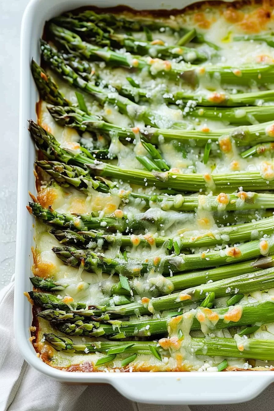 Cheesy baked asparagus in a white casserole dish, sprinkled with fresh herbs and lightly browned cheese.