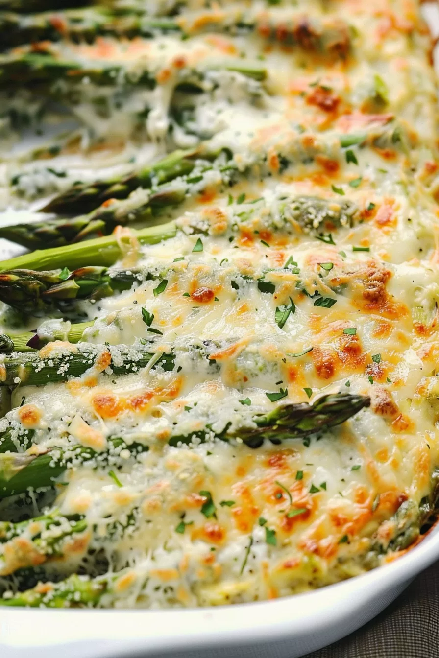 A close-up of vibrant green asparagus spears baked to perfection with golden, bubbling cheese on top.