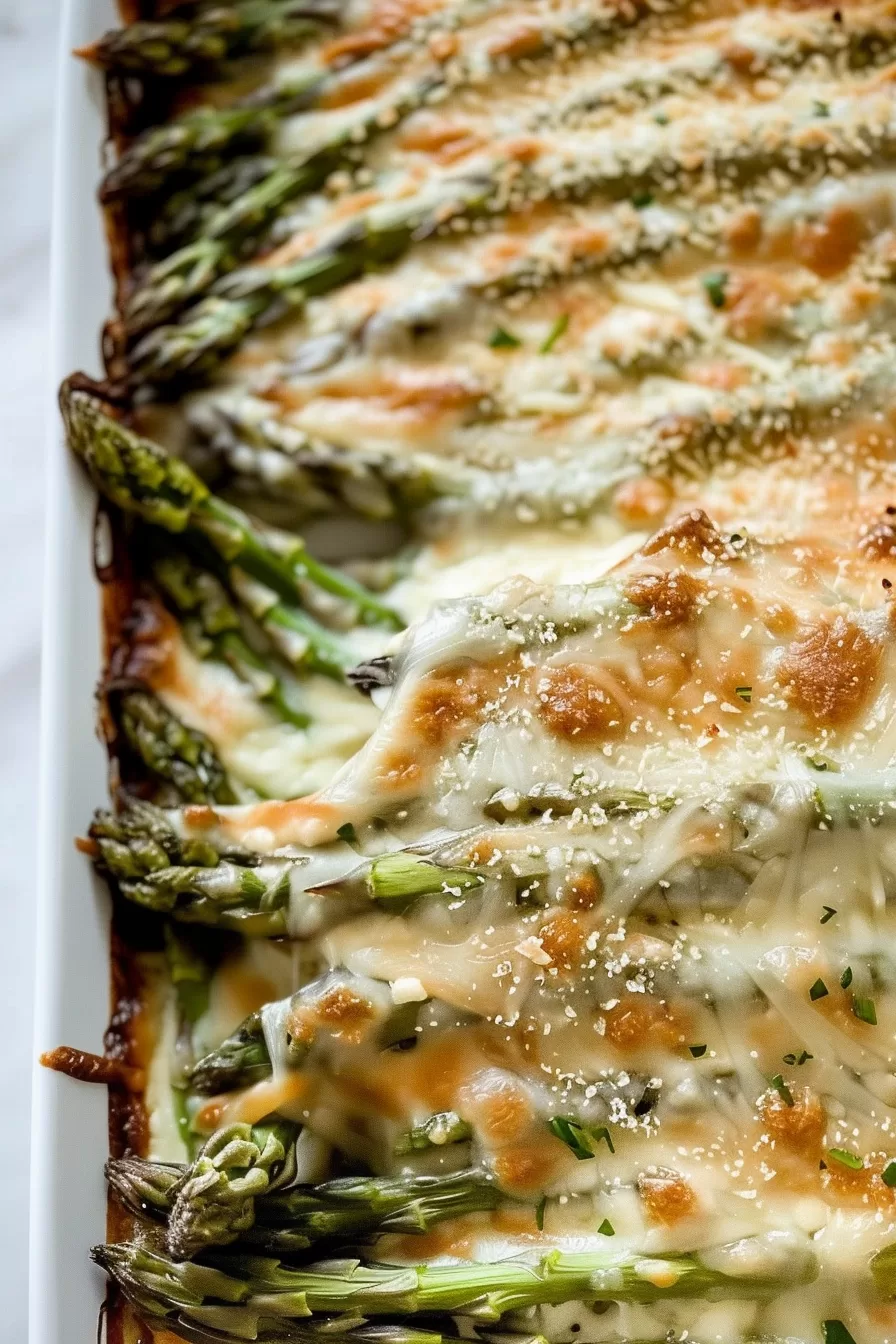 A delicious serving of asparagus covered in melted cheese and garnished with fresh parsley.