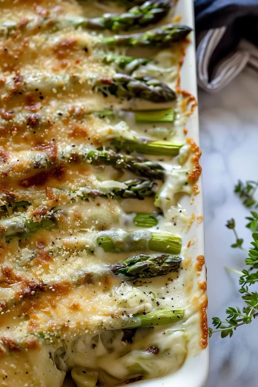 Freshly baked cheesy asparagus with golden edges, resting in a ceramic baking dish.