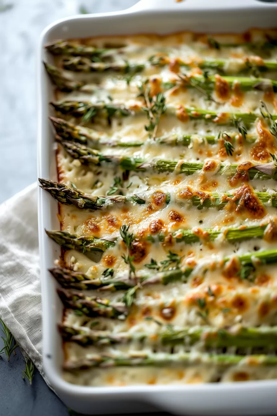 Creamy and cheesy asparagus dish, garnished with herbs and parmesan, ready to serve.