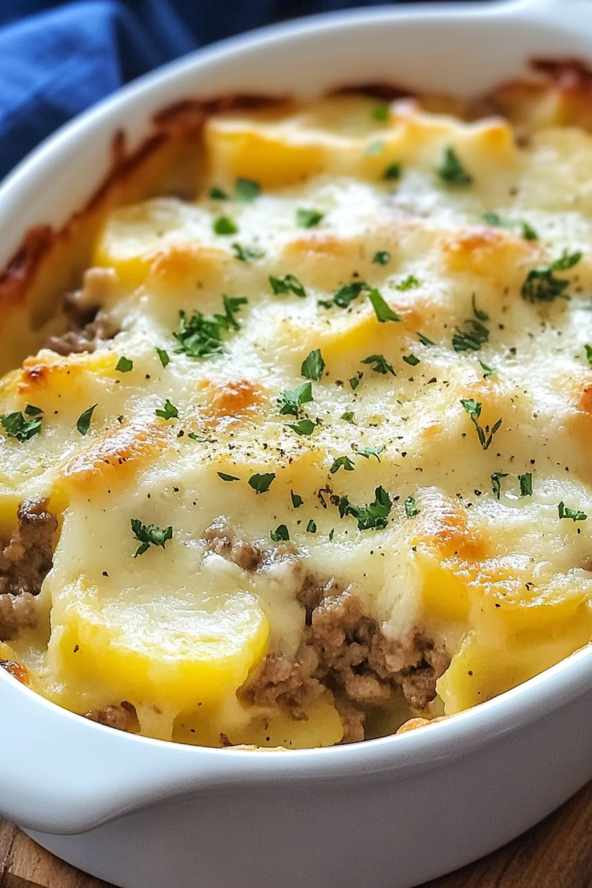 A hearty casserole with layers of potatoes, ground beef, and melted cheese.