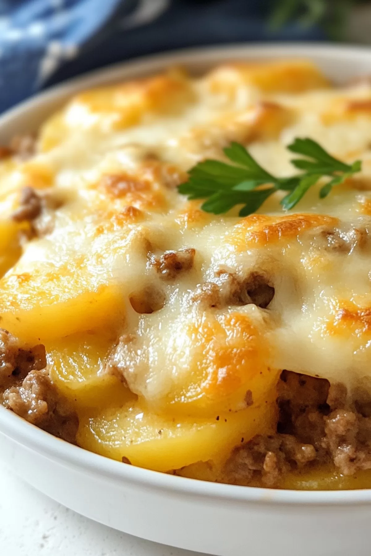 Close-up of a golden-brown baked dish with bubbling cheese and crispy edges.