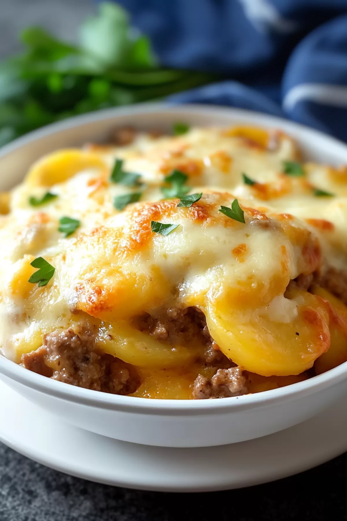 Comforting baked dish with creamy potatoes, savory beef, and a crispy cheese topping.