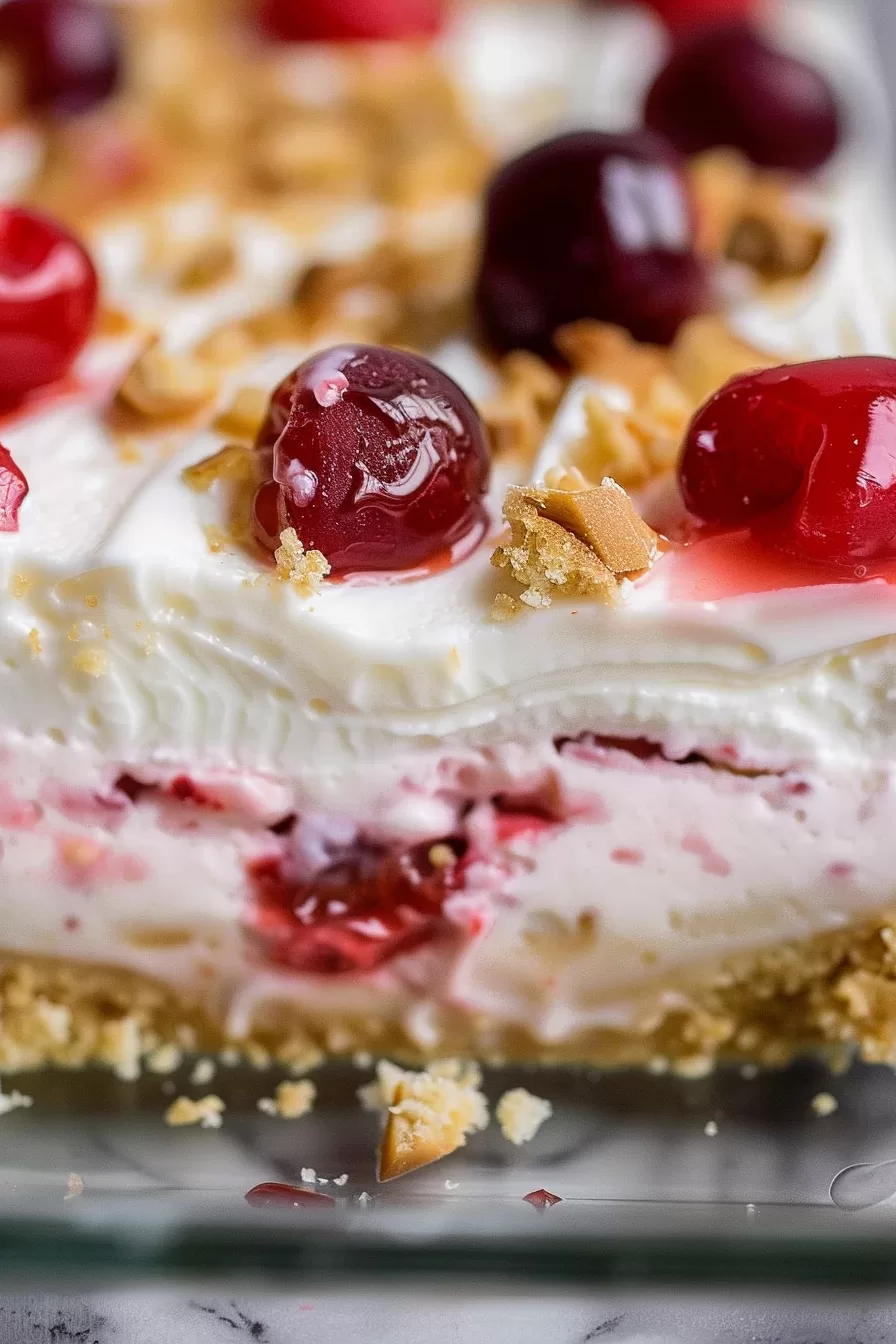 Close-up view of creamy layers of cherry cheesecake lush topped with fresh cherries and crunchy crumbs.