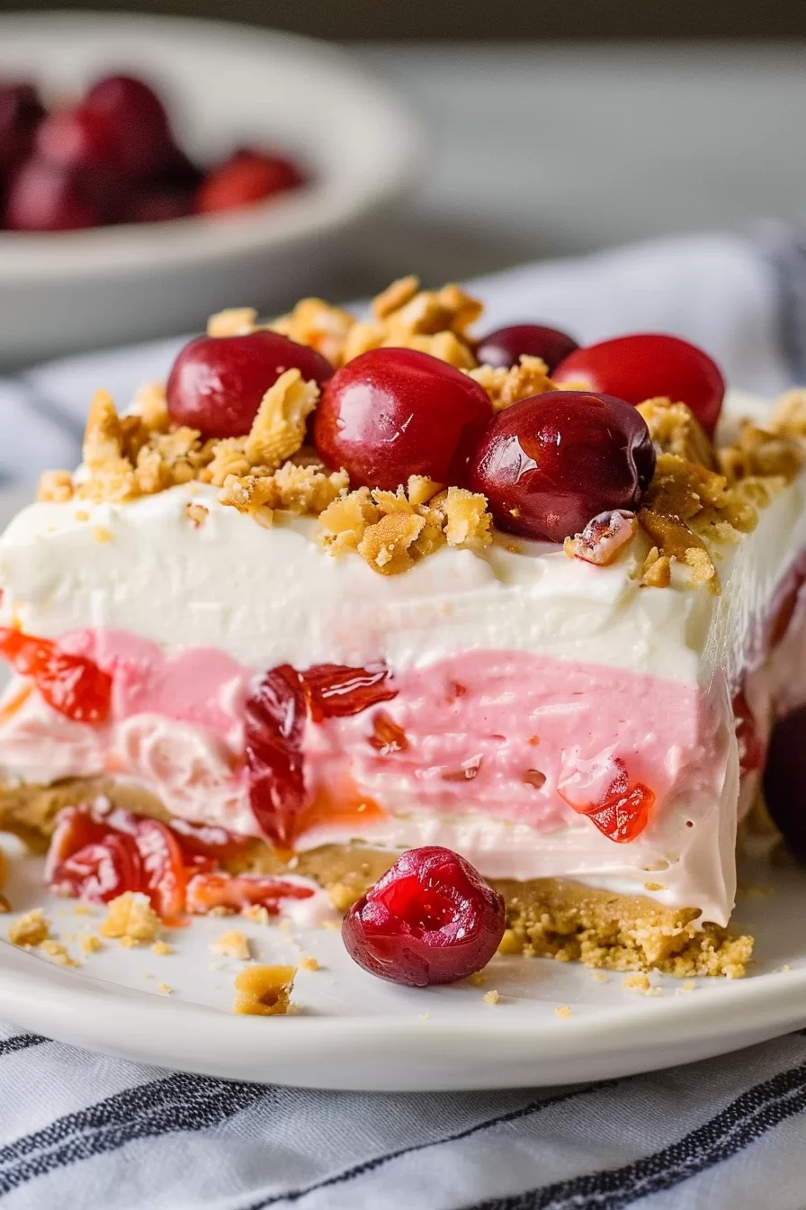 A slice of cherry cheesecake lush showing vibrant layers of cream, cherries, and cookie crust.