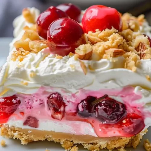 Side angle of a luscious cherry dessert with whipped topping and a golden cookie crust.