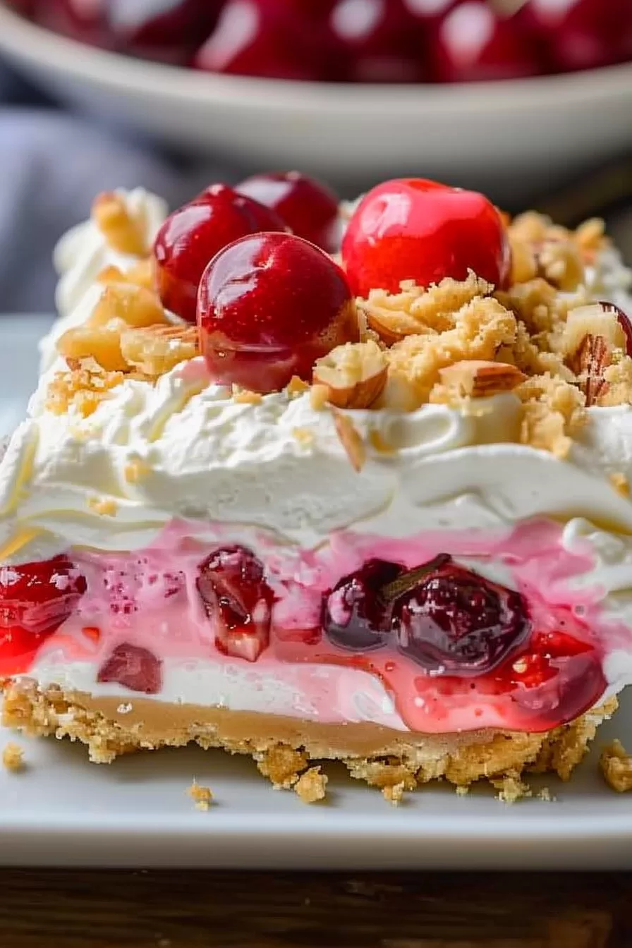 Side angle of a luscious cherry dessert with whipped topping and a golden cookie crust.