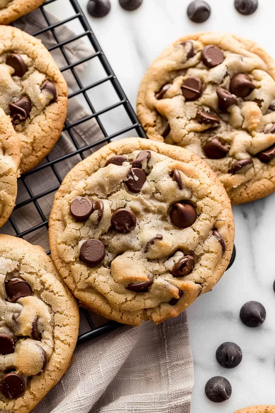 Golden-brown chocolate chip cookies cooling on a wire rack, dotted with melted chocolate chips.