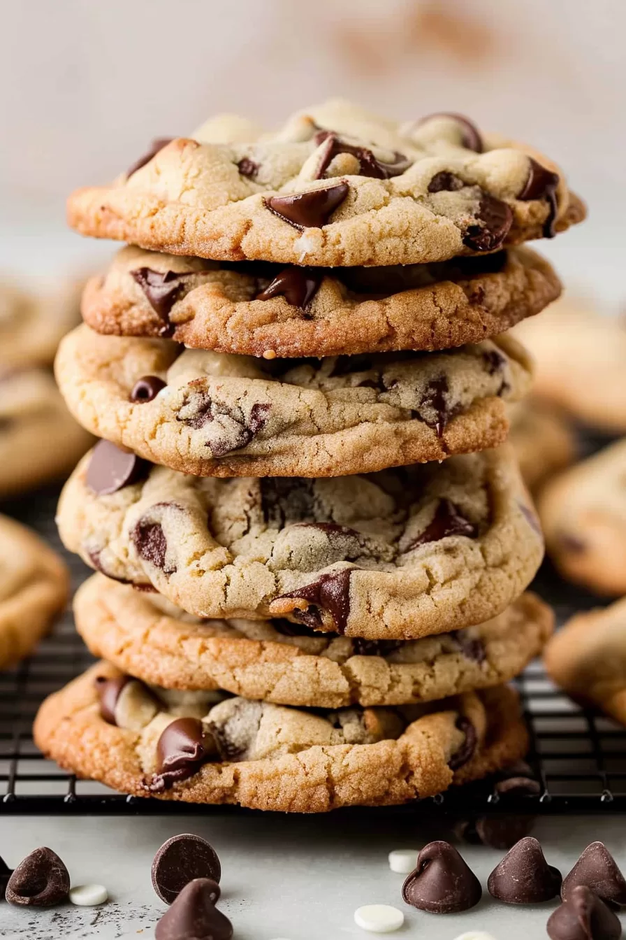 Close-up of stacked chocolate chip cookies showcasing their gooey chocolate centers.