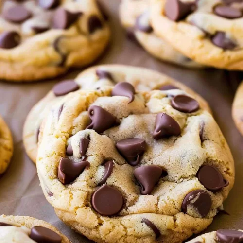 Freshly baked chocolate chip cookies with a crispy edge and soft center on parchment paper.