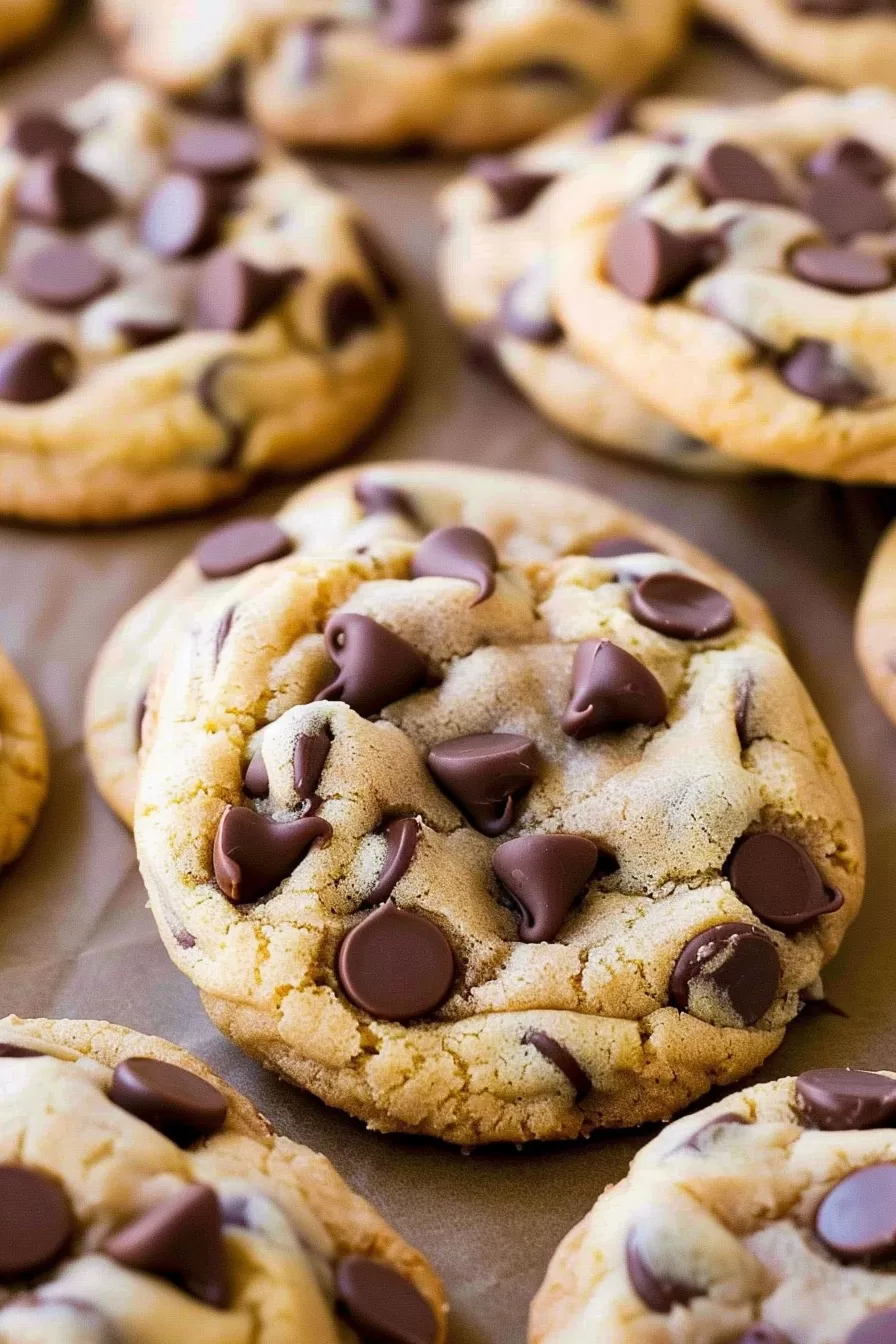 Freshly baked chocolate chip cookies with a crispy edge and soft center on parchment paper.