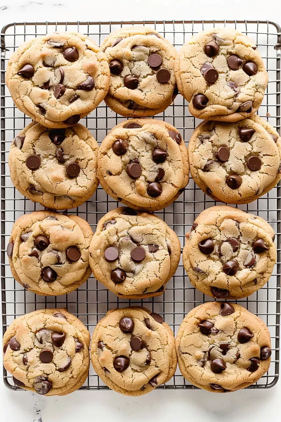 A dozen chocolate chip cookies arranged on a wire rack, perfect for sharing.