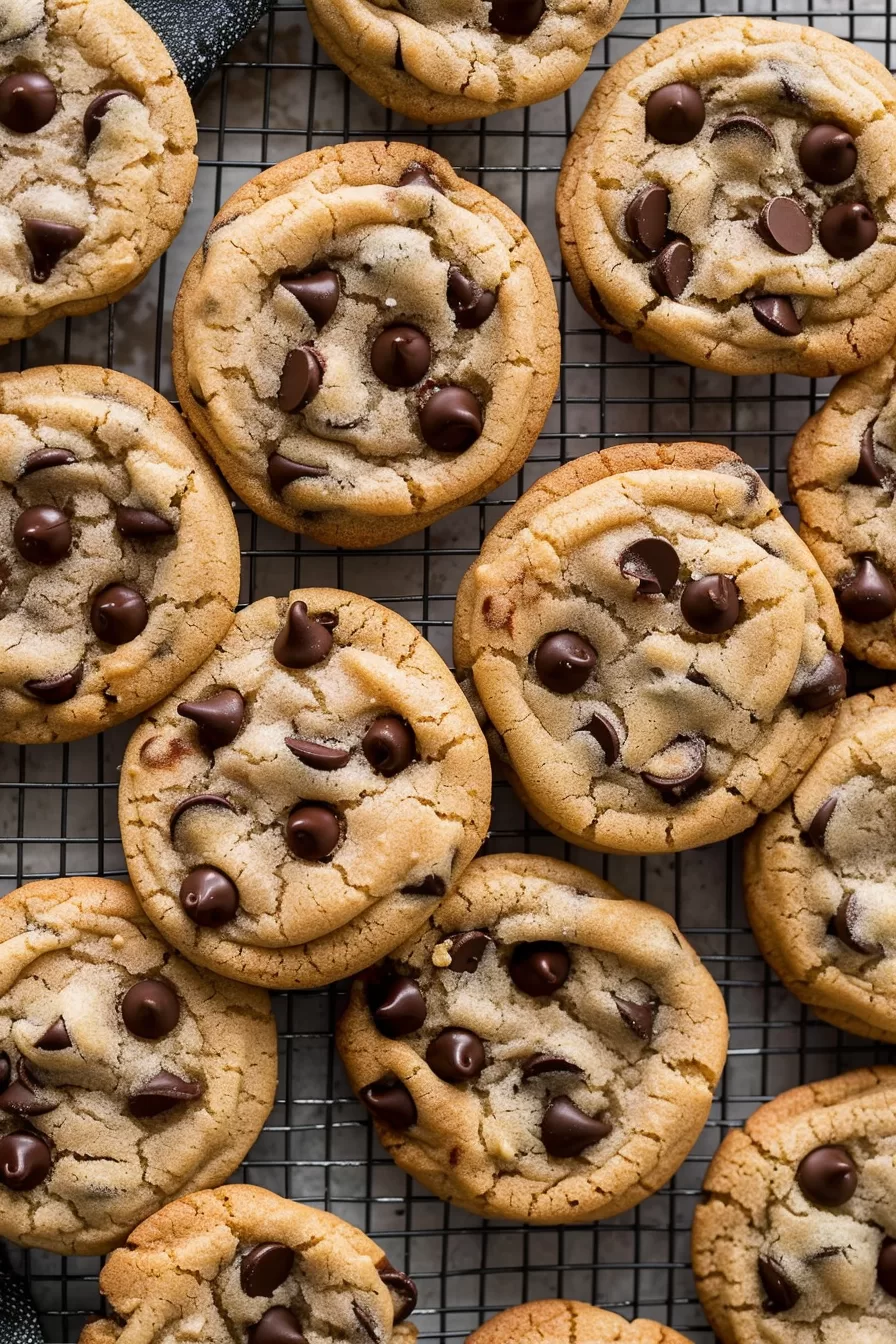 Chocolate chip cookies with slightly cracked tops, highlighting their homemade charm.