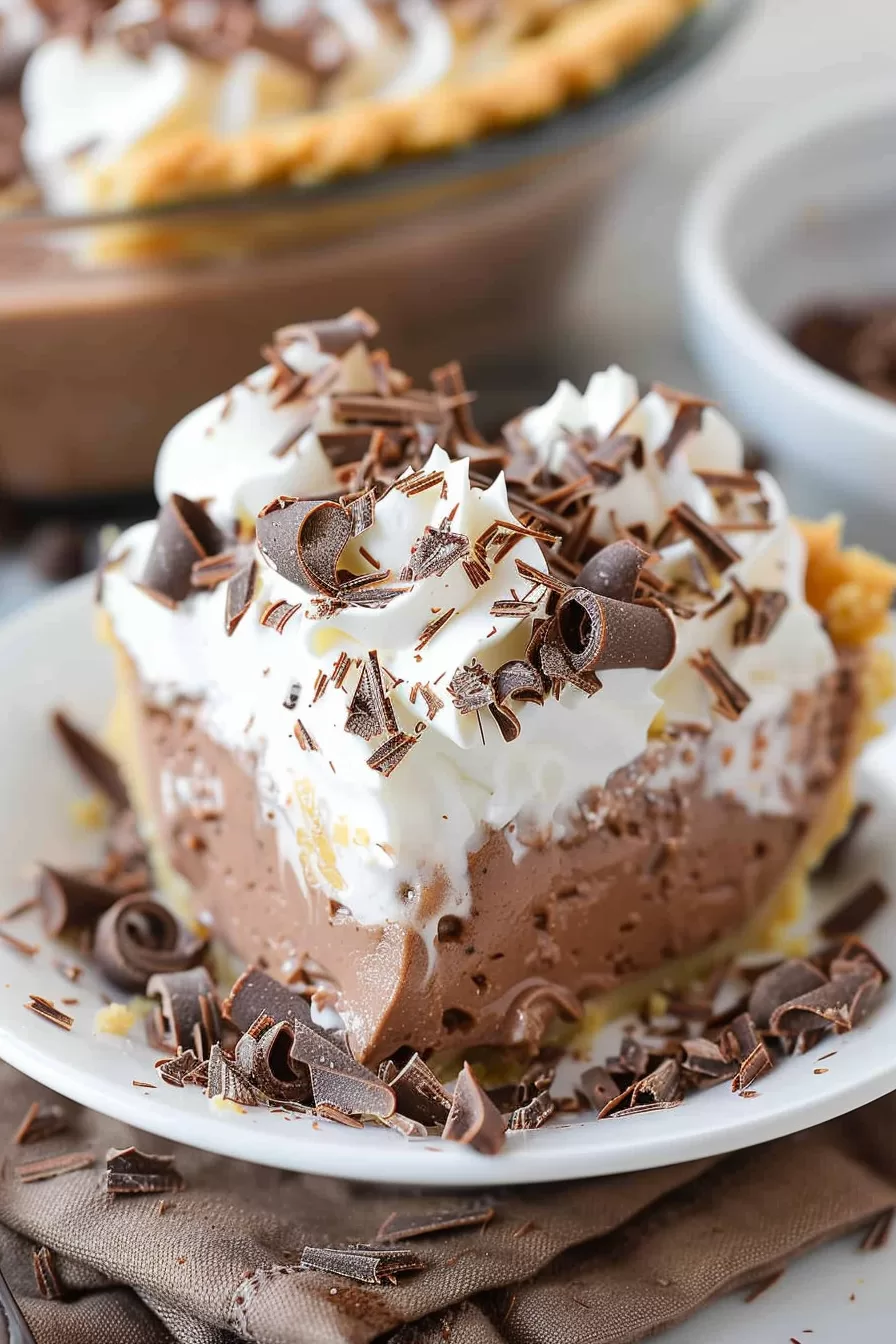 A close-up of a decadent slice of chocolate pudding pie topped with whipped cream and chocolate shavings.