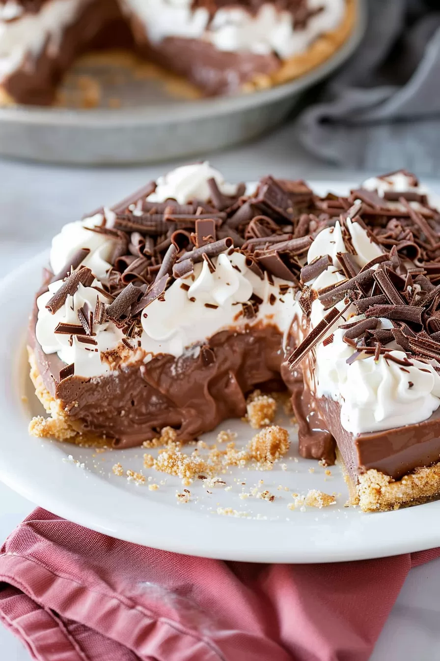 The full chocolate pudding pie, sliced to showcase its rich and creamy texture.