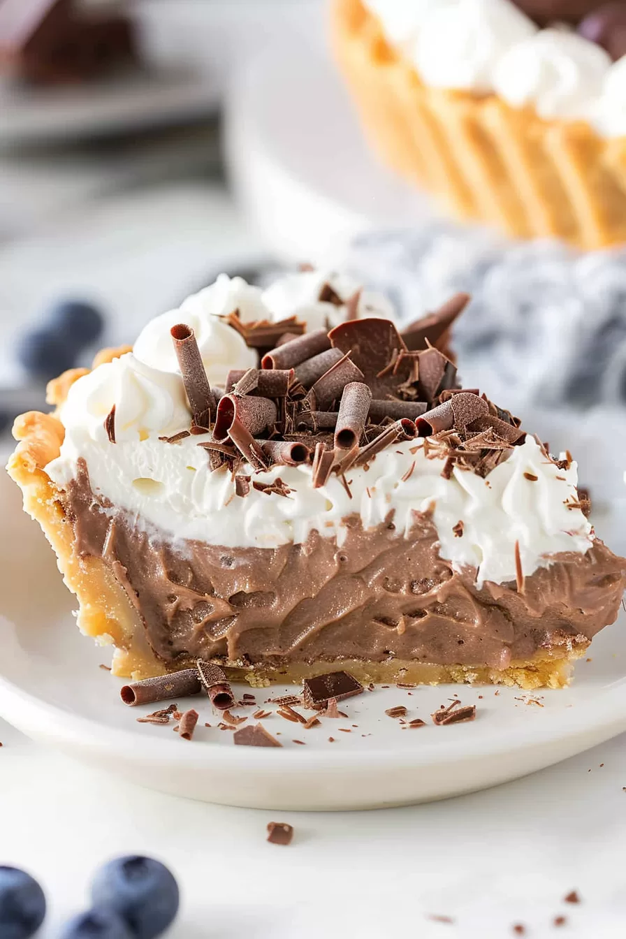 A perfectly plated slice of chocolate pudding pie, garnished with whipped cream and chocolate shavings for an elegant dessert presentation.