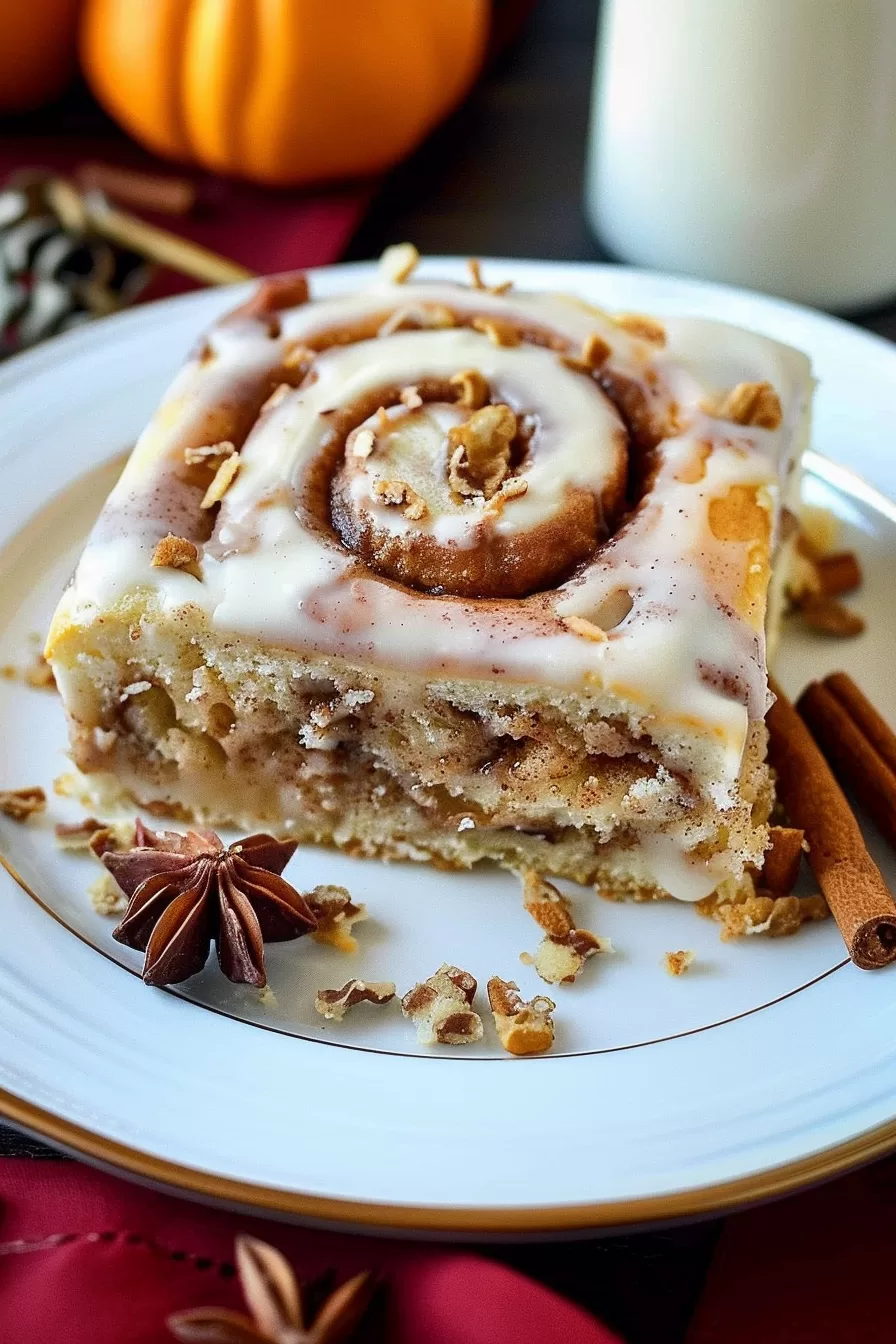 Close-up of a gooey slice of cinnamon roll cake topped with creamy glaze and crunchy pecans, served on a white plate.