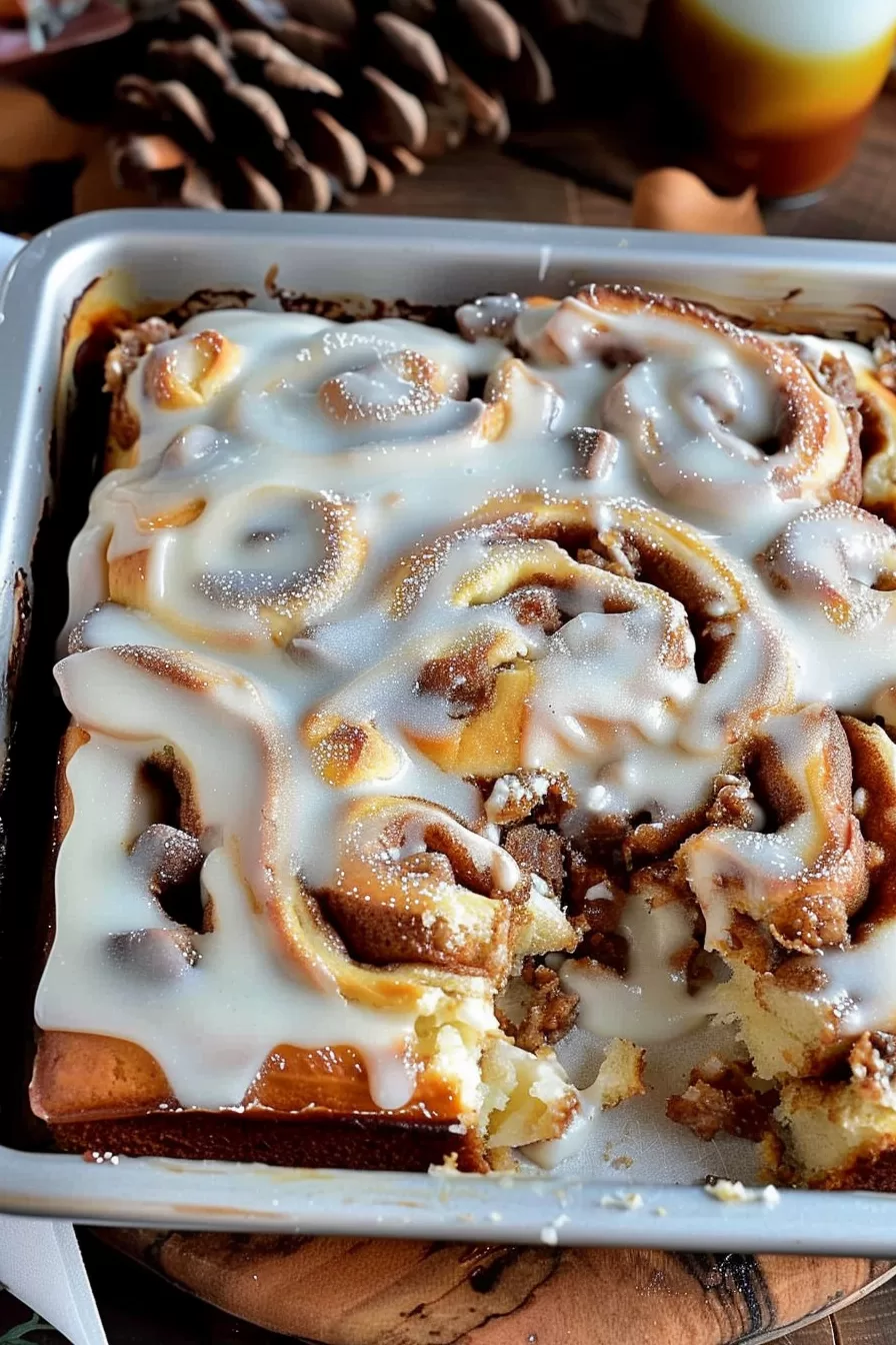 Freshly baked cinnamon roll cake in a pan, dripping with a generous layer of sweet cream cheese frosting.