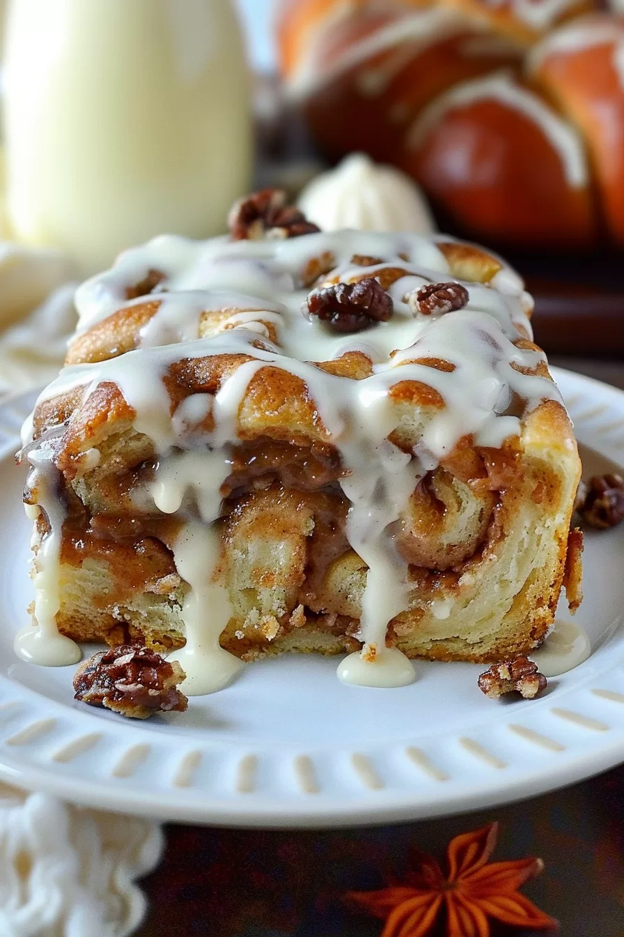 A single slice of cinnamon roll cake showcasing swirls of cinnamon filling and rich glaze on a decorative plate.