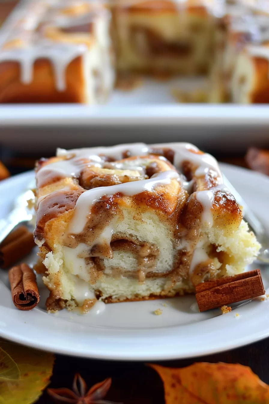 Moist and tender cinnamon roll cake with a drizzle of icing, served on a plate with fall-themed decor.