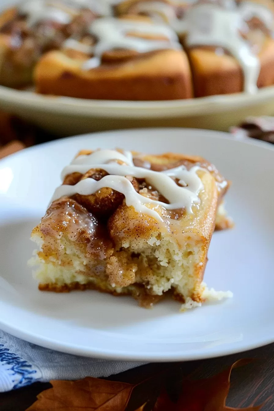 Warm cinnamon roll cake with melted frosting pooling on top, creating a decadent and inviting dessert.