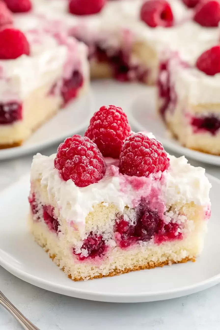 A close-up slice of moist coconut poke cake topped with whipped cream and fresh raspberries.