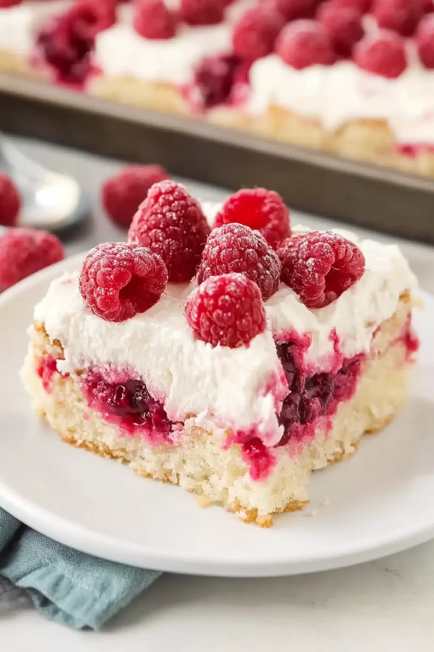 A serving of coconut raspberry poke cake with vibrant raspberry filling and a fluffy cream topping.