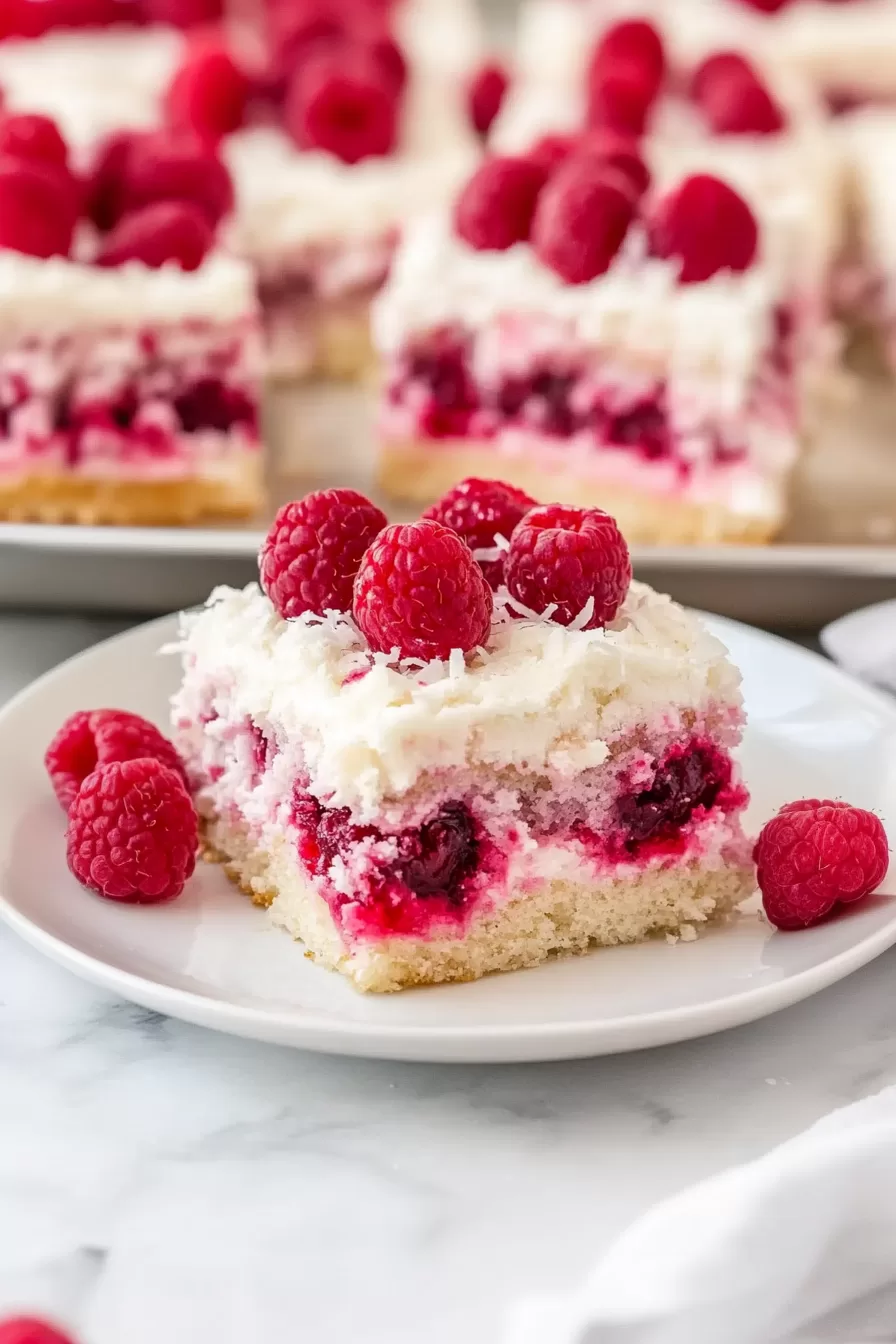 Layered coconut poke cake with raspberry swirls, garnished with fresh berries on top.