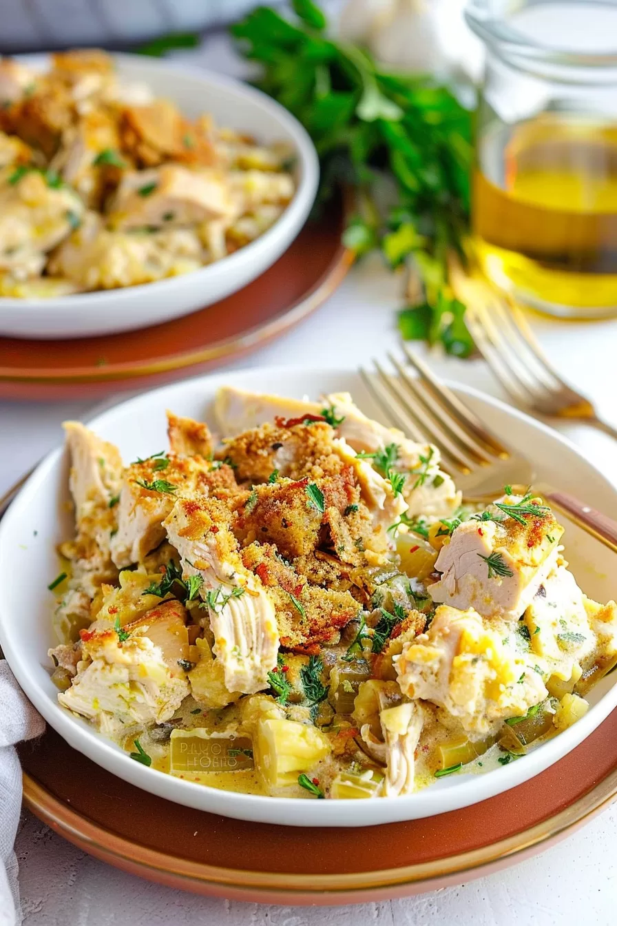 Close-up of a hearty chicken casserole loaded with cheese and vegetables, showcasing its golden, crispy topping.