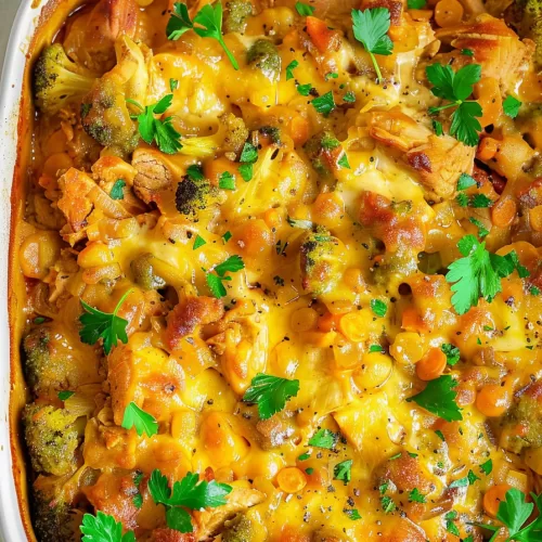 A serving of creamy chicken casserole plated with vibrant herbs and a mix of potatoes and vegetables in a savory sauce.