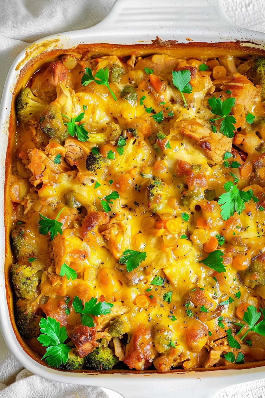 A serving of creamy chicken casserole plated with vibrant herbs and a mix of potatoes and vegetables in a savory sauce.