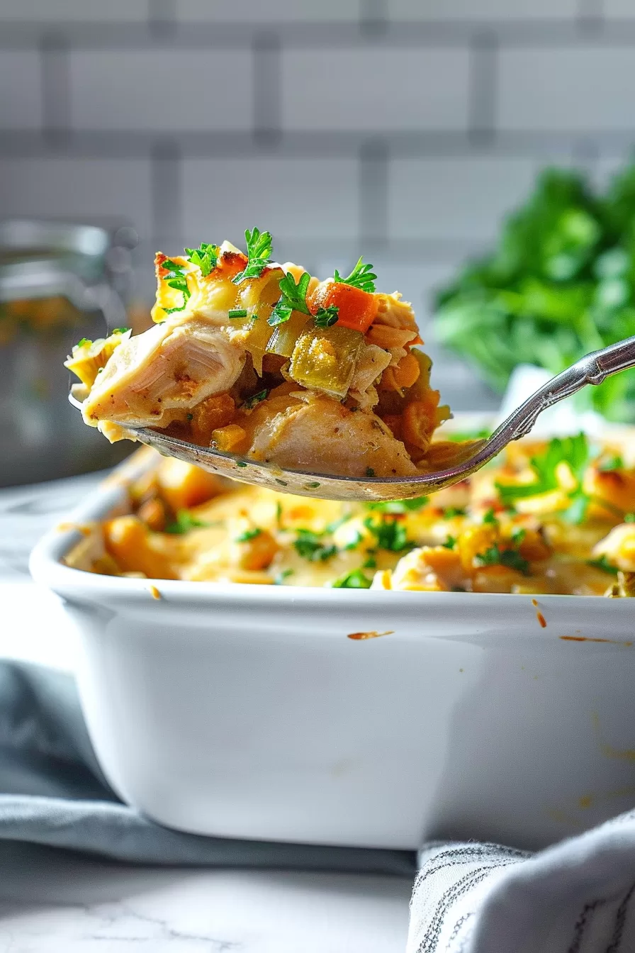 A spoonful of cheesy chicken casserole lifted from the baking dish, highlighting the tender chicken and colorful veggies.