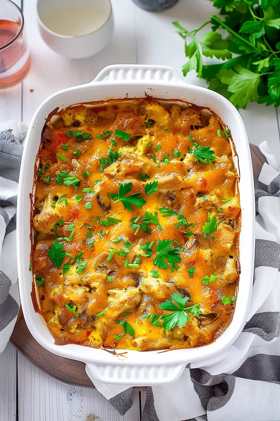 Golden baked chicken casserole fresh from the oven, topped with melted cheese and speckled with fresh parsley leaves.