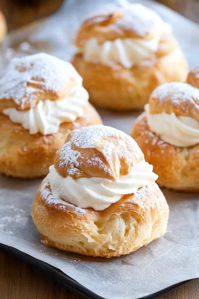 A close-up of golden cream puffs showcasing their flaky layers and creamy filling on a white serving plate.