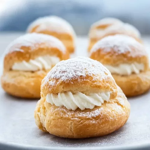 Delicate cream puffs filled with smooth whipped cream and dusted with powdered sugar, arranged on a baking tray.