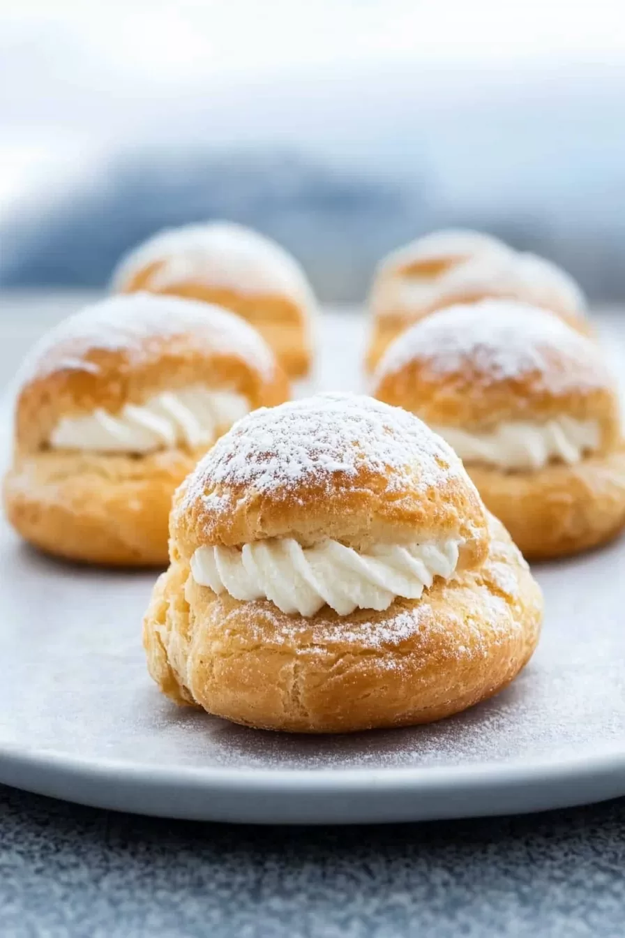 Delicate cream puffs filled with smooth whipped cream and dusted with powdered sugar, arranged on a baking tray.